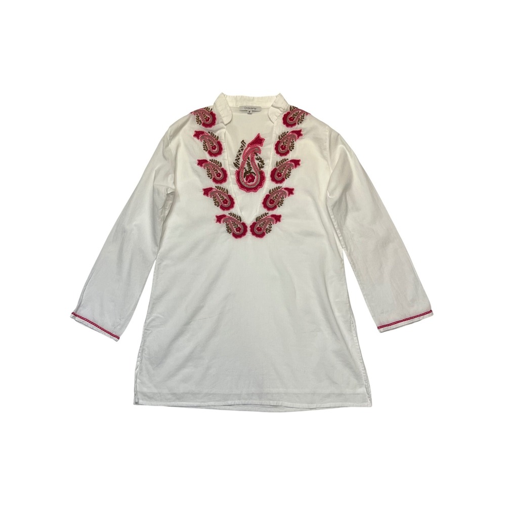 OndadeMar White Pink 100% Cotton Paisley Embroidered Deep V Tunic Top Coverup M